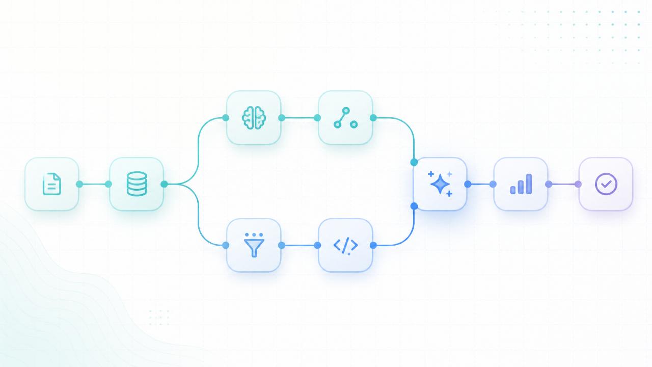 AI automation workflow diagram showing connected nodes and tools